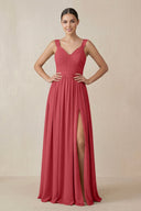 Chiffon A - Line Pleated Bridesmaid Dress in Merlot - SHE IS ME Bridesmaid Dresses