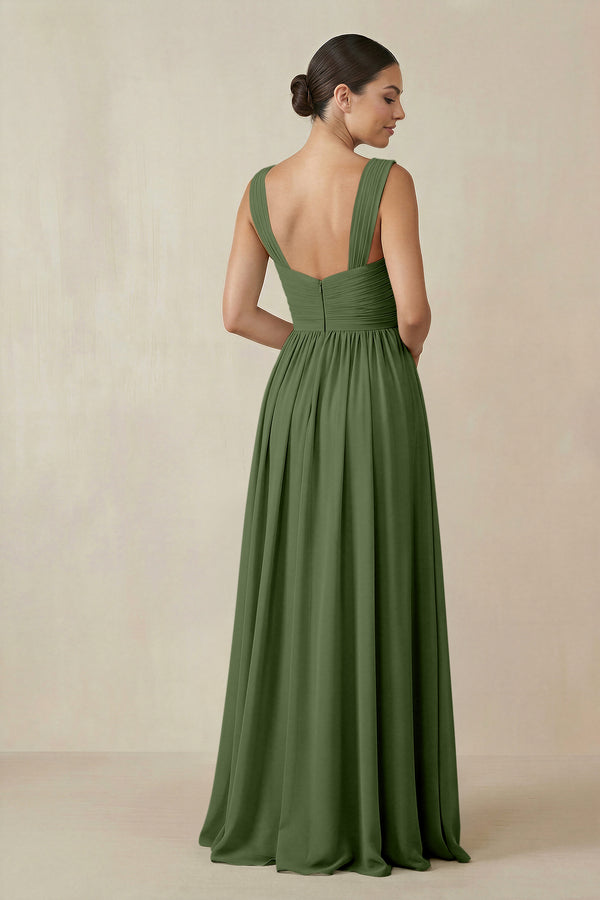 Chiffon A-Line Pleated Bridesmaid Dress in Moss (2) | KISSBRIDAL