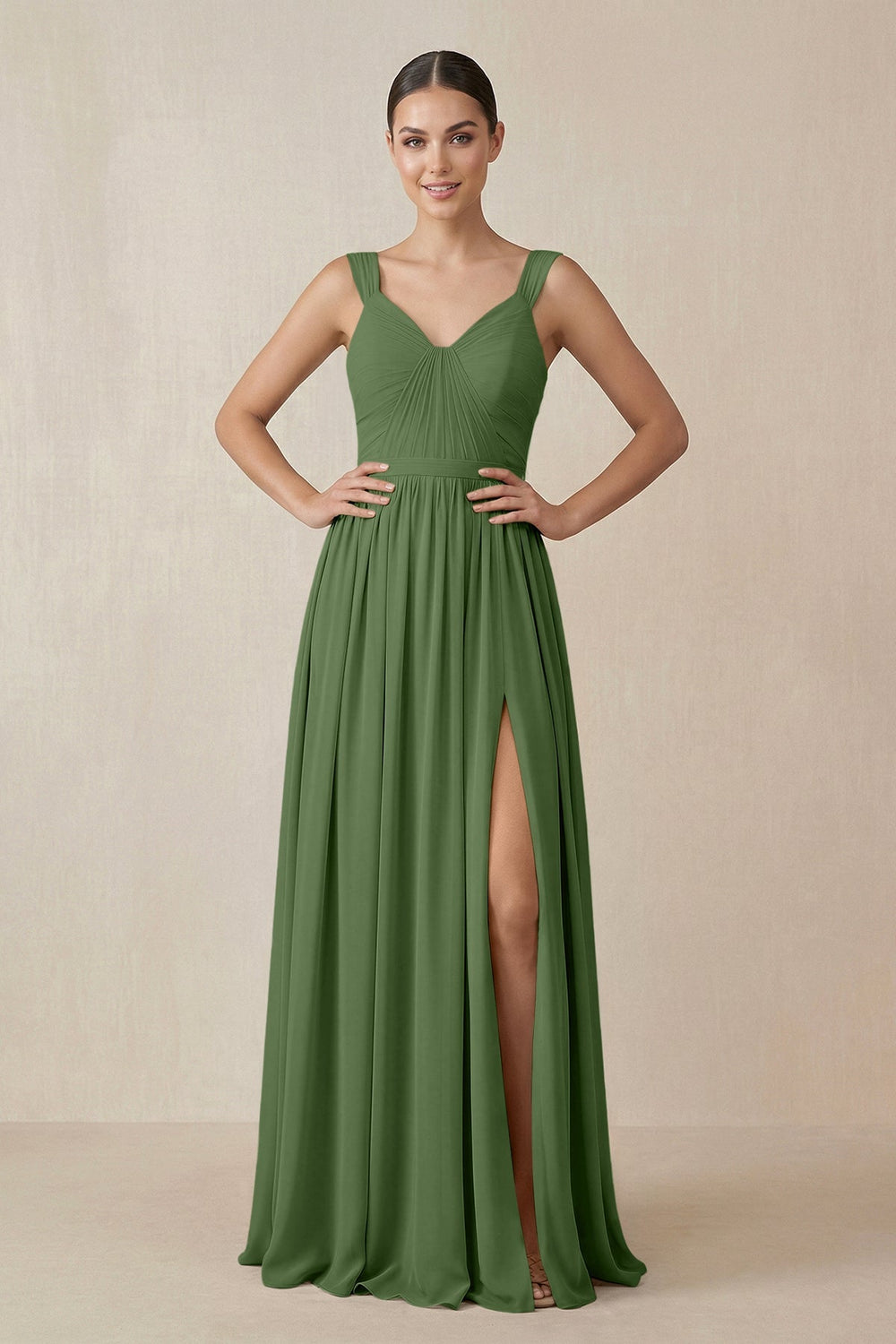Chiffon A - Line Pleated Bridesmaid Dress in Moss - KISS BRIDAL Bridesmaid Dresses
