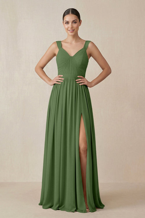 Chiffon A - Line Pleated Bridesmaid Dress in Moss - SHE IS ME Bridesmaid Dresses
