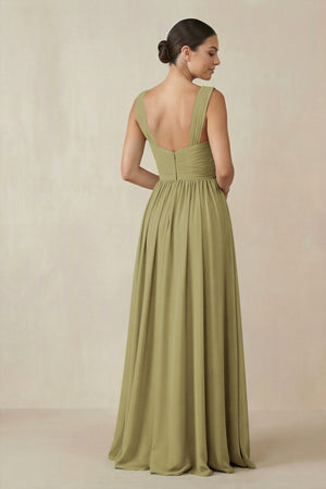 Chiffon A-Line Pleated Bridesmaid Dress in Moss Green (2) | KISSBRIDAL