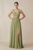 Chiffon A - Line Pleated Bridesmaid Dress in Moss Green - SHE IS ME Bridesmaid Dresses