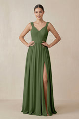 Chiffon A-Line Pleated Bridesmaid Dress in Moss | KISSBRIDAL