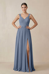 Chiffon A - Line Pleated Bridesmaid Dress in Neptune - KISS BRIDAL Bridesmaid Dresses