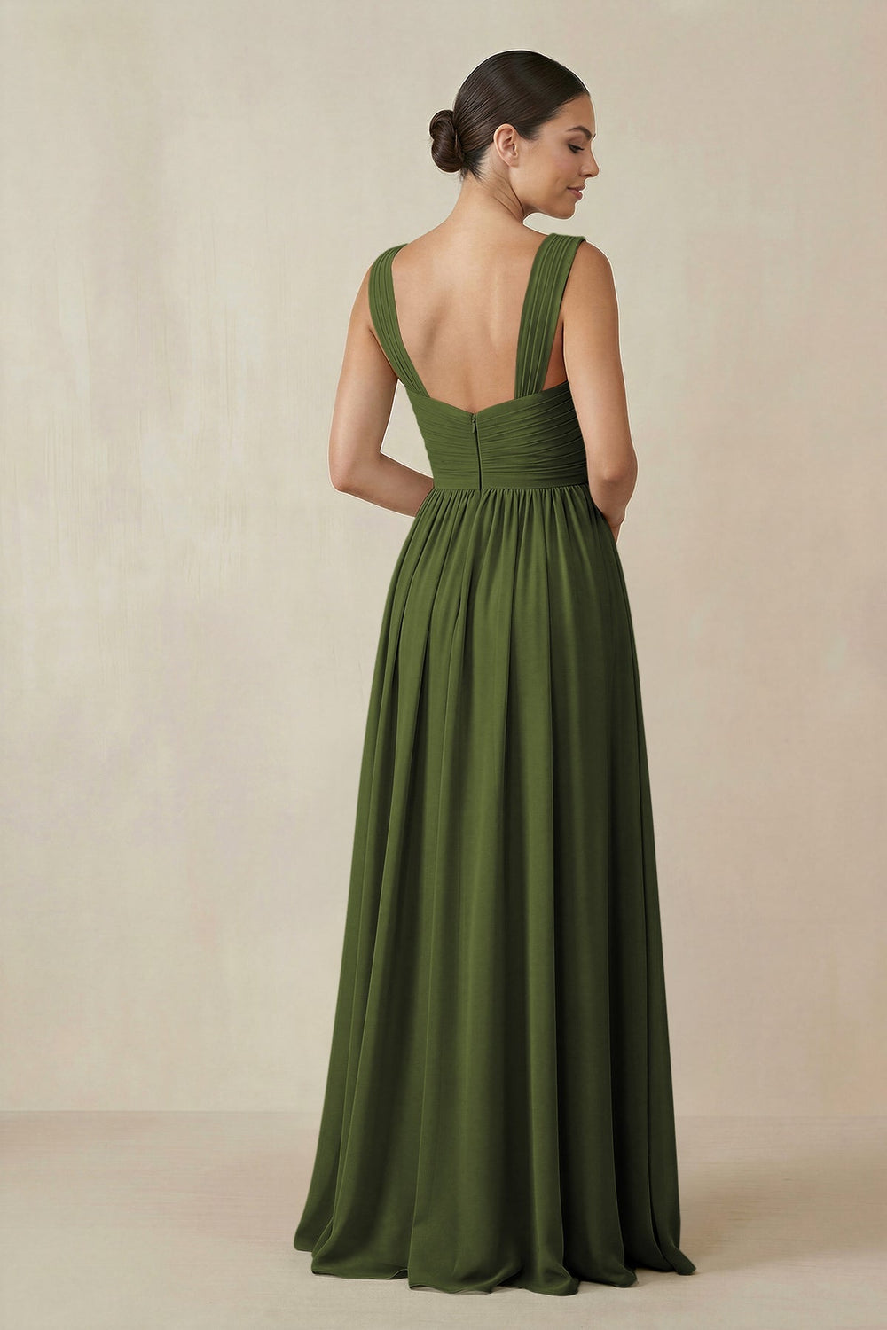 Chiffon A - Line Pleated Bridesmaid Dress in Olive - KISS BRIDAL Bridesmaid Dresses