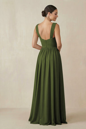 Chiffon A - Line Pleated Bridesmaid Dress in Olive - SHE IS ME Bridesmaid Dresses