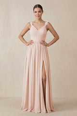 Chiffon A - Line Pleated Bridesmaid Dress in Pale Blush - KISS BRIDAL Bridesmaid Dresses