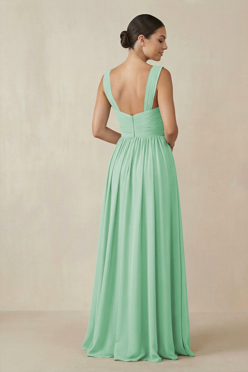 Chiffon A - Line Pleated Bridesmaid Dress in Pale Pistachio - KISS BRIDAL Bridesmaid Dresses