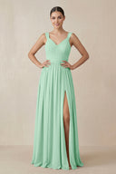 Chiffon A - Line Pleated Bridesmaid Dress in Pale Pistachio - KISS BRIDAL Bridesmaid Dresses
