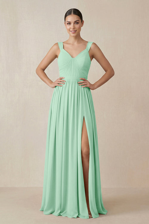 Chiffon A - Line Pleated Bridesmaid Dress in Pale Pistachio - KISS BRIDAL Bridesmaid Dresses