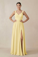 Chiffon A - Line Pleated Bridesmaid Dress in Pastel Yellow - KISS BRIDAL Bridesmaid Dresses