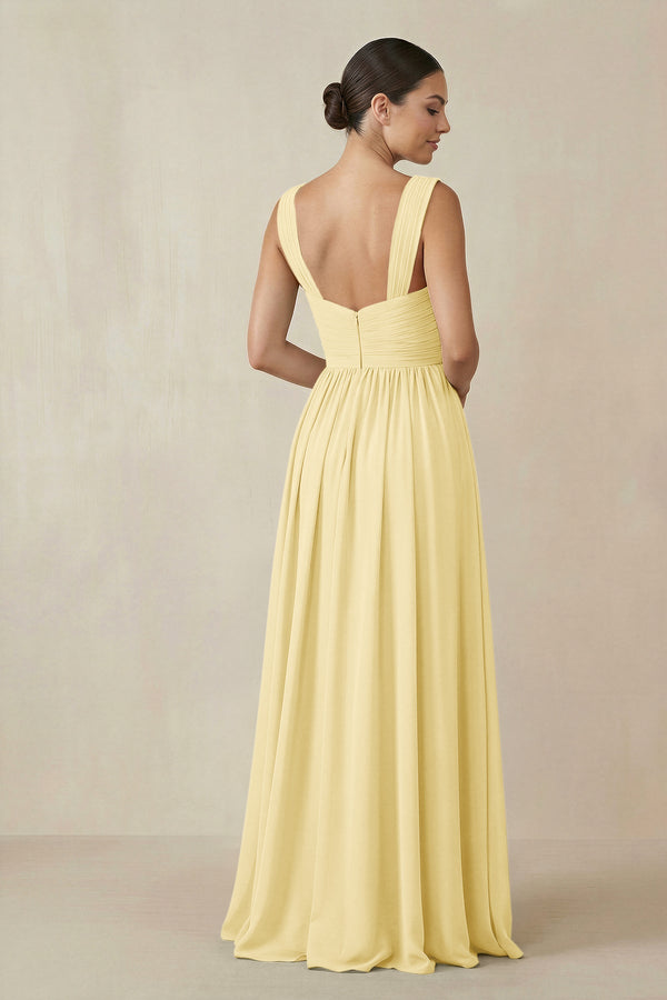 Chiffon A - Line Pleated Bridesmaid Dress in Pastel Yellow - SHE IS ME Bridesmaid Dresses