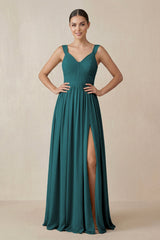 Chiffon A - Line Pleated Bridesmaid Dress in Pine - KISS BRIDAL Bridesmaid Dresses