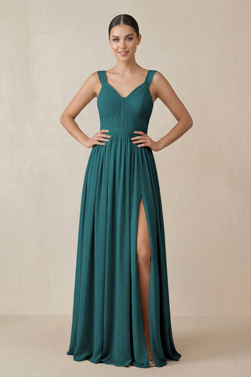 Chiffon A - Line Pleated Bridesmaid Dress in Pine - SHE IS ME Bridesmaid Dresses