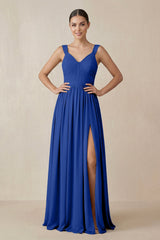 Chiffon A - Line Pleated Bridesmaid Dress in Royal Blue - KISS BRIDAL Bridesmaid Dresses