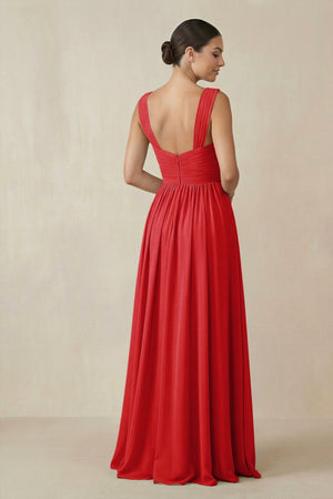 Chiffon A - Line Pleated Bridesmaid Dress in Ruby Red - SHE IS ME Bridesmaid Dresses