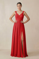 Chiffon A - Line Pleated Bridesmaid Dress in Ruby Red - SHE IS ME Bridesmaid Dresses