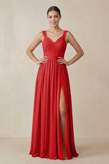 Chiffon A - Line Pleated Bridesmaid Dress in Ruby Red - KISS BRIDAL Bridesmaid Dresses