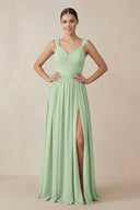 Chiffon A - Line Pleated Bridesmaid Dress in Sage - SHE IS ME Bridesmaid Dresses