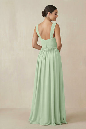 Chiffon A - Line Pleated Bridesmaid Dress in Sage - SHE IS ME Bridesmaid Dresses