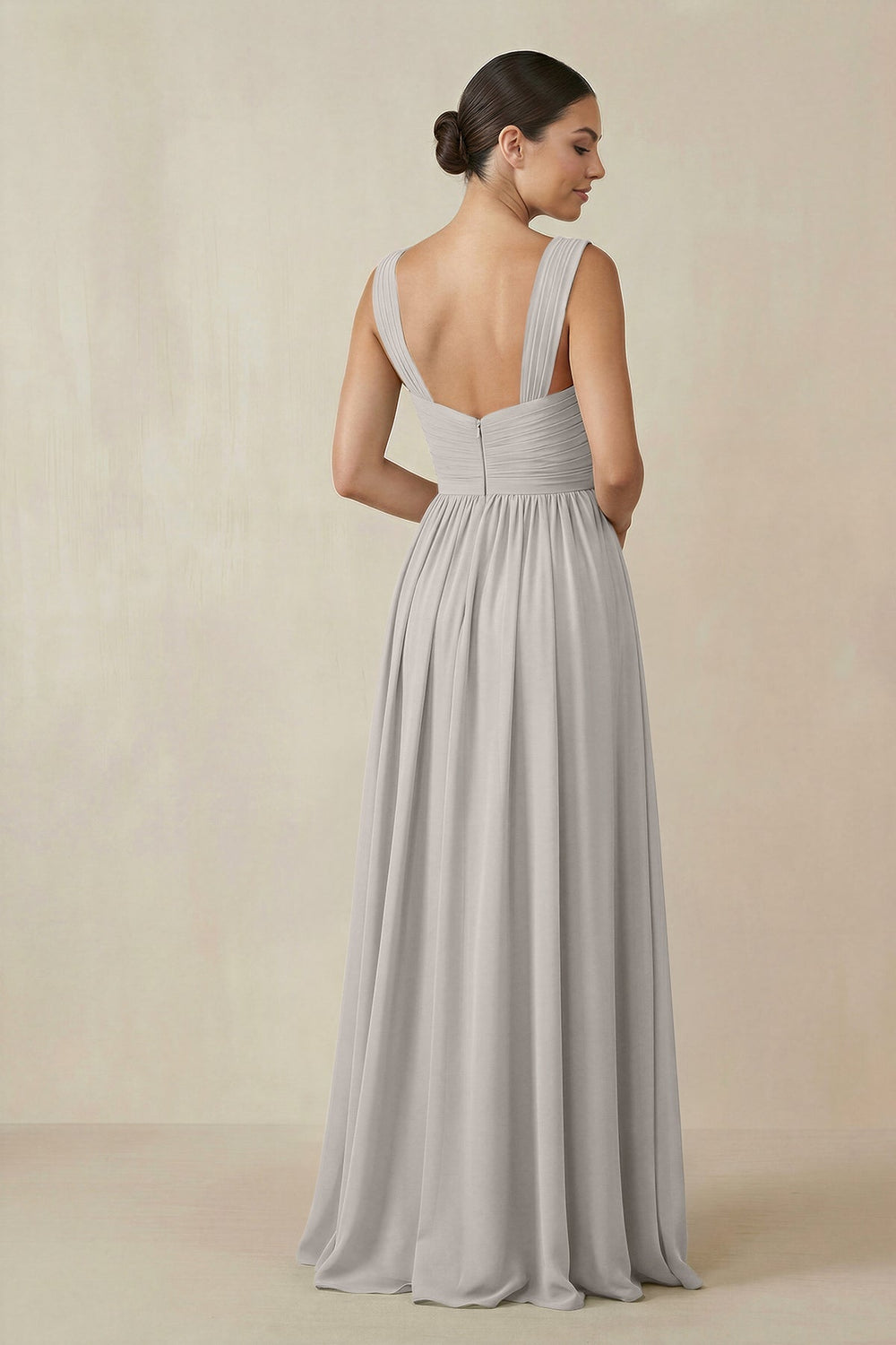 Chiffon A - Line Pleated Bridesmaid Dress in Silver - KISS BRIDAL Bridesmaid Dresses