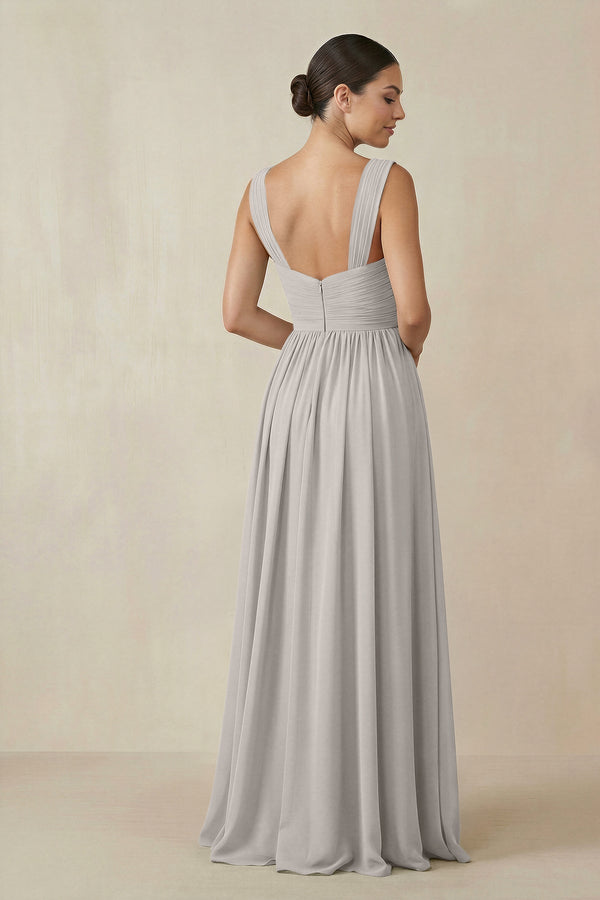 Chiffon A - Line Pleated Bridesmaid Dress in Silver - SHE IS ME Bridesmaid Dresses