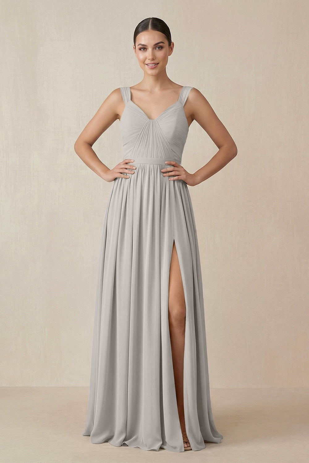 Chiffon A - Line Pleated Bridesmaid Dress in Silver - KISS BRIDAL Bridesmaid Dresses