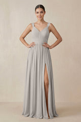 Chiffon A - Line Pleated Bridesmaid Dress in Silver - KISS BRIDAL Bridesmaid Dresses