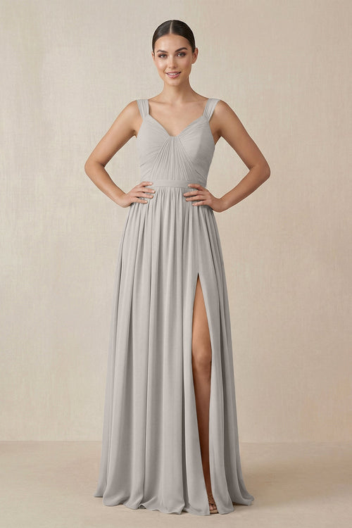 Chiffon A - Line Pleated Bridesmaid Dress in Silver - SHE IS ME Bridesmaid Dresses