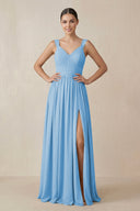 Chiffon A - Line Pleated Bridesmaid Dress in Steel Blue - SHE IS ME Bridesmaid Dresses