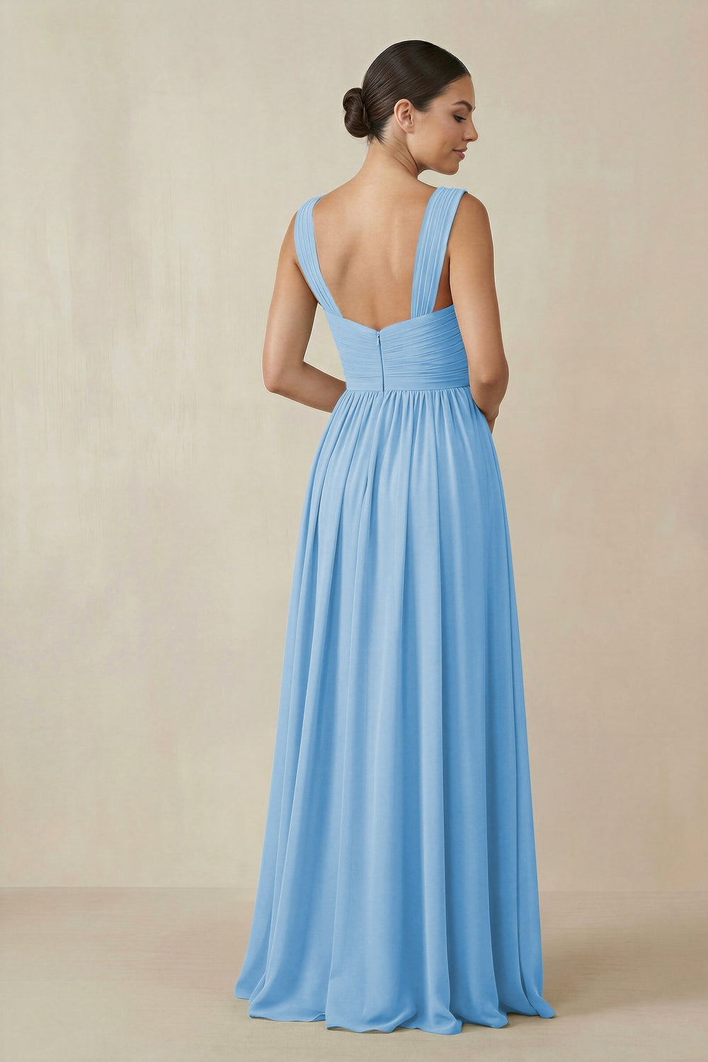 Chiffon A - Line Pleated Bridesmaid Dress in Steel Blue - KISS BRIDAL Bridesmaid Dresses