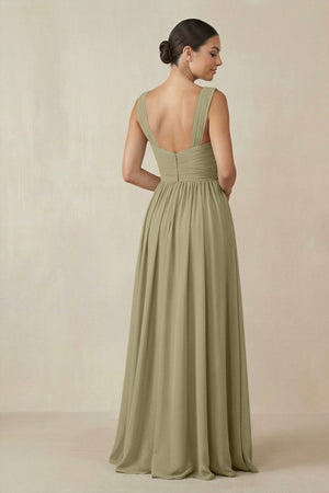 Chiffon A - Line Pleated Bridesmaid Dress in Thyme - SHE IS ME Bridesmaid Dresses