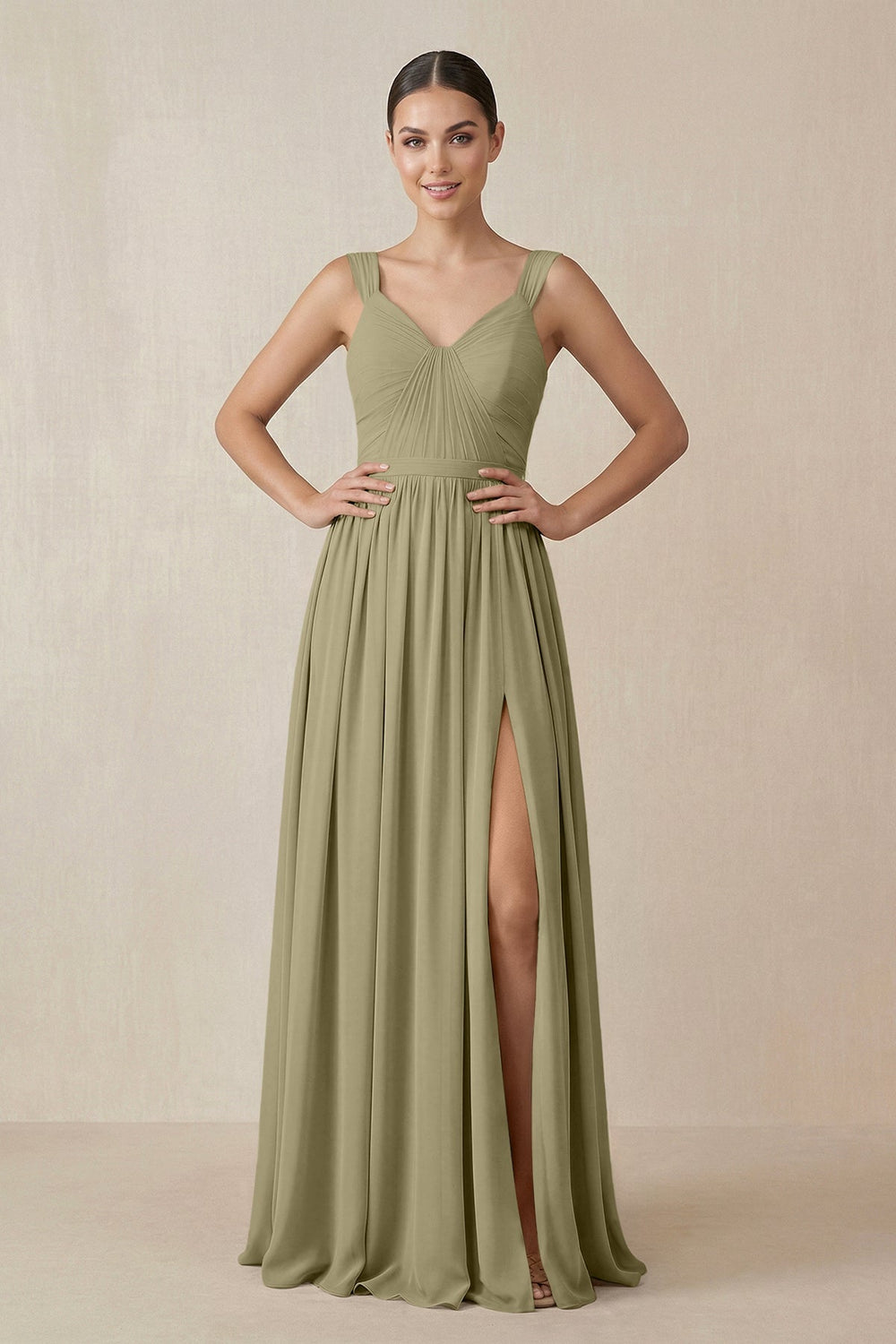 Chiffon A - Line Pleated Bridesmaid Dress in Thyme - KISS BRIDAL Bridesmaid Dresses