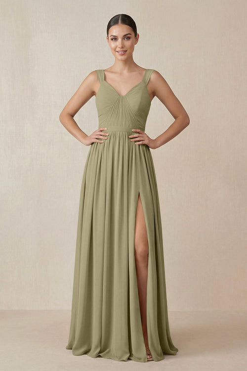 Chiffon A - Line Pleated Bridesmaid Dress in Thyme - SHE IS ME Bridesmaid Dresses