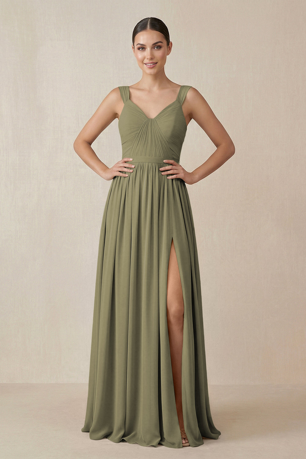 Chiffon A-Line Pleated Bridesmaid Dress in Thyme