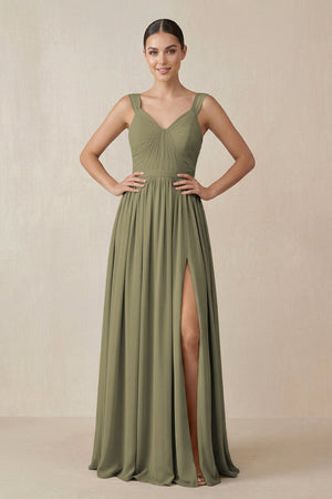 Chiffon A - Line Pleated Bridesmaid Dress in Thyme - KISS BRIDAL Bridesmaid Dresses