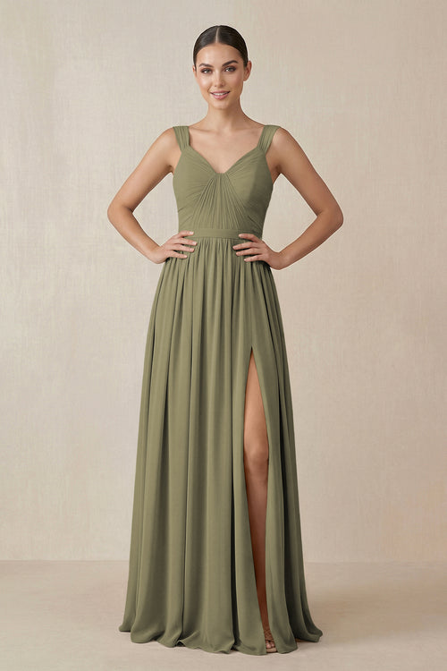 Chiffon A - Line Pleated Bridesmaid Dress in Thyme - KISS BRIDAL Bridesmaid Dresses