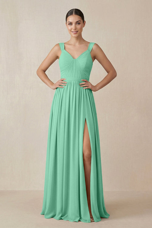 Chiffon A - Line Pleated Bridesmaid Dress in Turquoise - SHE IS ME Bridesmaid Dresses