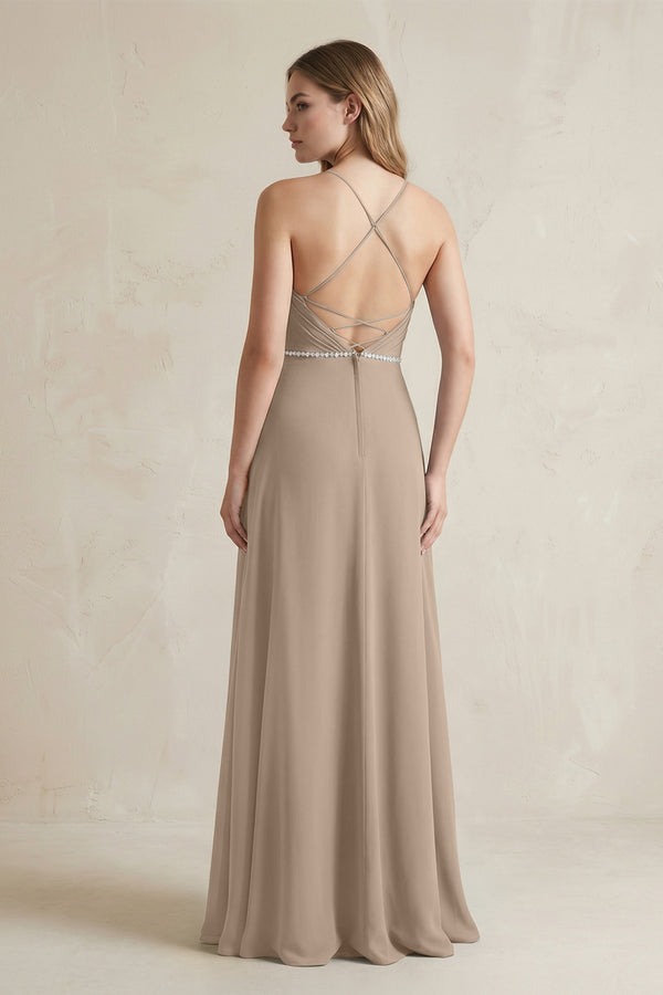 Chiffon A-Line Ruched Cami Strap Bridesmaid Dress  in Almond (2) | KISSBRIDAL