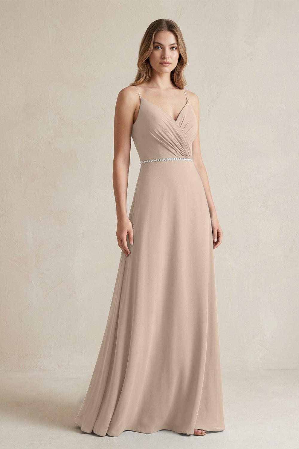 Chiffon A - Line Ruched Cami Strap Bridesmaid Dress in Almond - KISS BRIDAL Bridesmaid Dresses