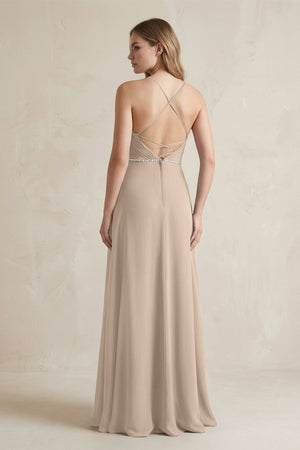 Chiffon A - Line Ruched Cami Strap Bridesmaid Dress in Almond - SHE IS ME Bridesmaid Dresses