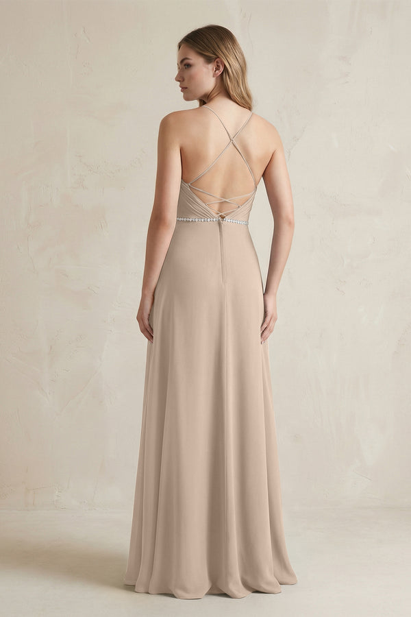 Chiffon A - Line Ruched Cami Strap Bridesmaid Dress in Almond - SHE IS ME Bridesmaid Dresses