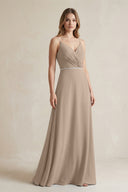 Chiffon A-Line Ruched Cami Strap Bridesmaid Dress  in Almond | KISSBRIDAL