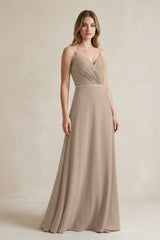 Chiffon A-Line Ruched Cami Strap Bridesmaid Dress  in Almond | KISSBRIDAL