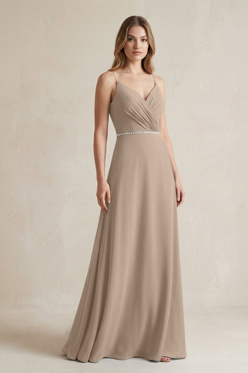Chiffon A-Line Ruched Cami Strap Bridesmaid Dress  in Almond | KISSBRIDAL