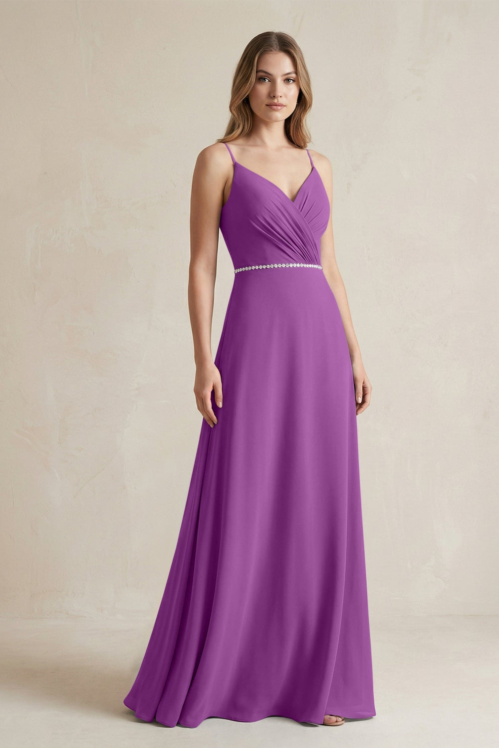 Chiffon A - Line Ruched Cami Strap Bridesmaid Dress in Amethyst - KISS BRIDAL Bridesmaid Dresses