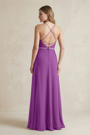 Chiffon A - Line Ruched Cami Strap Bridesmaid Dress in Amethyst - SHE IS ME Bridesmaid Dresses