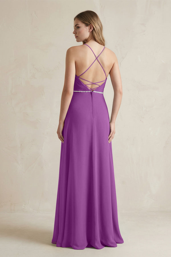 Chiffon A - Line Ruched Cami Strap Bridesmaid Dress in Amethyst - SHE IS ME Bridesmaid Dresses