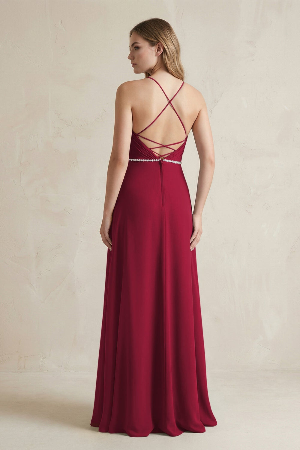 Chiffon A - Line Ruched Cami Strap Bridesmaid Dress in Berry - KISS BRIDAL Bridesmaid Dresses