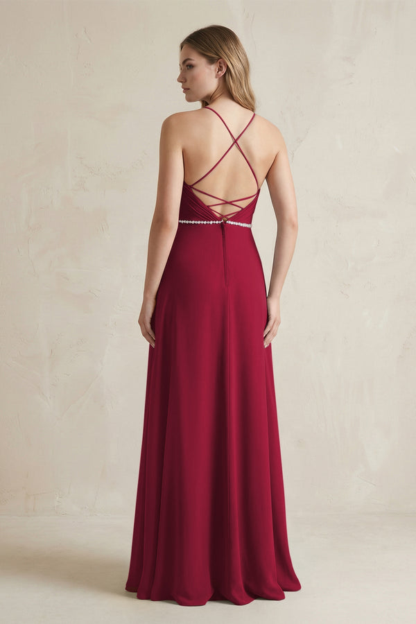 Chiffon A - Line Ruched Cami Strap Bridesmaid Dress in Berry - SHE IS ME Bridesmaid Dresses